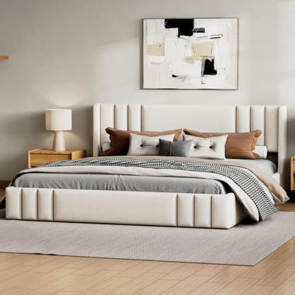VilroCaz Queen Size Linen Upholstered Platform Bed Frame with Thick Fabric Headboard, No Box Spring Needed (Beige-6.17, Queen) - color: Beige-6.17, size: Queen