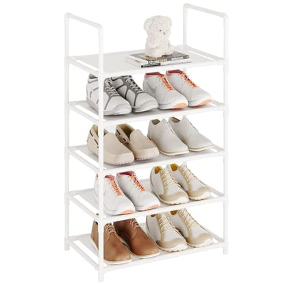 5 Tier Stackable Small Shoe Rack,Narrow Sturdy Shoe Shelf Organizer, Non-Woven Fabric Metal Free Standing Shoe Racks for Entryway, Hallway and Closet (White) - size: 5-White
