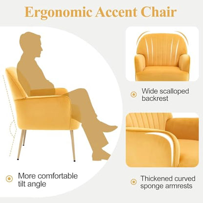 Velvet Accent Chair with Armrest, Modern Curved Back Barrel Chair, Soft Cushion Single Sofa for Living Room Bedroom Office Cafe Yellow - color: Yellow