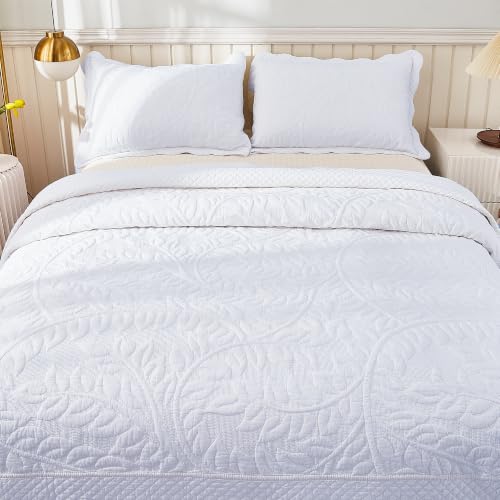 MarCielo 100% Cotton Quilt Set - 3-Piece Embroidered Farmhouse Bedspread & Shams, All-Season Breathable Bedding (Bright White,Queen) - color: Bright White, size: Queen (98" x 90")