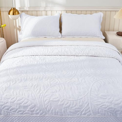 MarCielo 100% Cotton Quilt Set - 3-Piece Embroidered Farmhouse Bedspread & Shams, All-Season Breathable Bedding (Bright White,Queen) - color: Bright White, size: Queen (98" x 90")