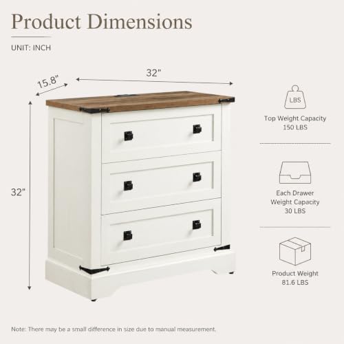 T4TREAM 32" Farmhouse 3 Drawer Dressers, Large End Table w/Charging Station | Rustic Wood Bedside Table for Bedroom, Living Room, Hallway, Antique White - color: Antique White, size: 15.8"D x 32"W x 32"H (3 Drawers)