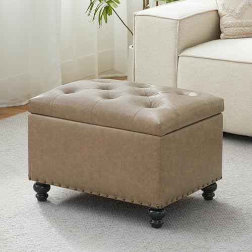 Zihanhome Leather Ottoman with Storage, Upholstered Button Tufted Ottoman Foot Rest, Foot Stools, 24" Rectangle Ottomans with Storage for Living Room, Bedroom, Dorms and Apartments (Taupe Brown-PU) - color: Taupe Brown-pu