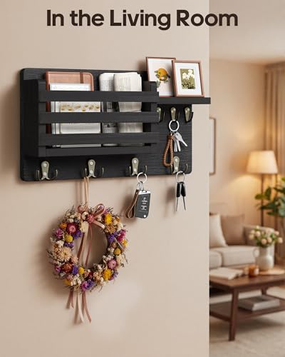 Key Holder Wall Mount, 16 Inch Pre-Assembled Key Hooks Rack with Shelf & Mail Holder for Wall, Wood Walls Organizer for Entryway, Living Room, Black - color: Black