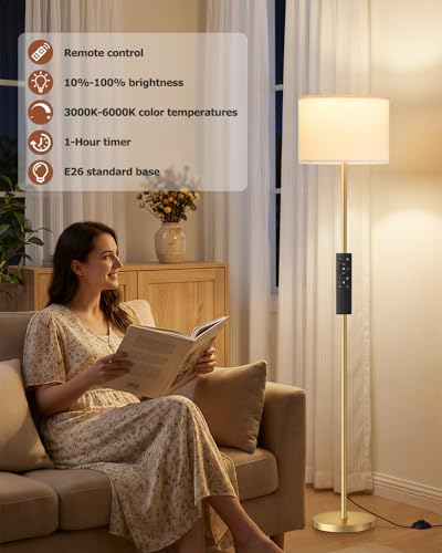 Dimmable Floor Lamp for Living Room with Remote, 9W 900LM LED Bulb Included, White Shade Gold Pole - color: gold & white