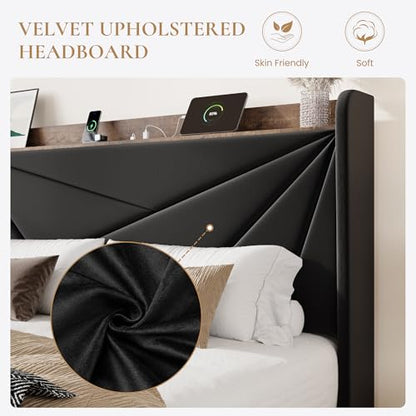 SHA CERLIN Queen Bed Frame, Storage Headboard with Drawers, Charging, Black | Velvet Upholstered Bed, Modern Wingback Headboard, 3 Drawers, USB Charging Station, No Box Spring Needed, Easy Assembly - color: Black, size: Queen