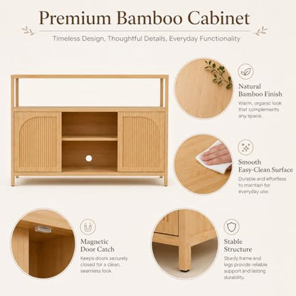 Bamboo Buffet Cabinet with Storage, Natural Sideboard Cabinet | 49“ Kitchen Storage Cabinet with 2 Doors and Shelves, Modern Buffet Table for Dining Room, Living Room, Bathroom, Entryway