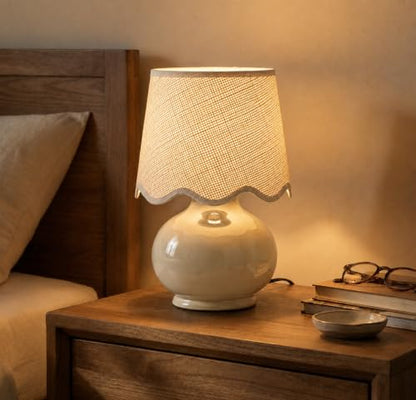 Benton Ceramic Table Lamp with Fabric Shade – 13" Bedside Accent Lamp for Bedroom, Living Room & Nightstand (Beige Cream) - color: Beige Cream