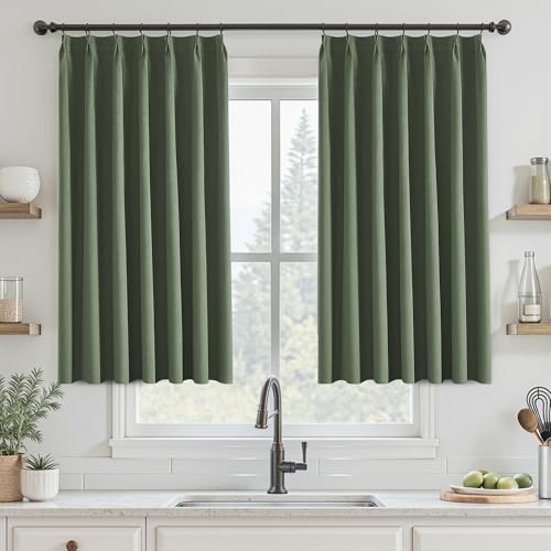 UHITECH Green Pinch Pleated Blackout Curtains for Bedroom 45 Inch 2 Panels | Sun Blocking, Thermal Insulated, Suitable for Kitchen/Living Room/Small Window/Basement, Noise Reducing, Room Darkening - color: #01 Olive Green, size: 40"W x 45"L (Pack of 2)