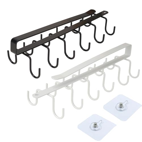 2 Pack Under Cabinet Hook Rack, 12-Hook Double Row Metal Hanging Organizer for Kitchen Utensils, Mugs, Closet Accessories, No Drill Shelf Hanger – Black & White