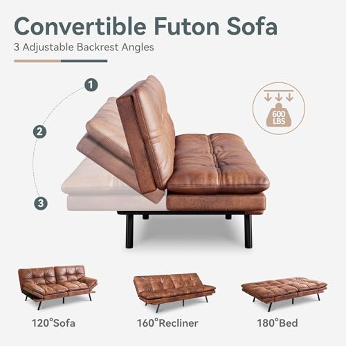Futon Sofa Bed Convertible Couch, Brown Faux Leather Sofa Bed | Adjustable Backrest & Armrests, Multifunctional Small Loveseat Sleeper Sofa for Living Room, Apartment, Office, Foam Couch - color: A4 | Brown