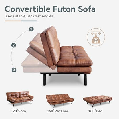 Futon Sofa Bed Convertible Couch, Brown Faux Leather Sofa Bed | Adjustable Backrest & Armrests, Multifunctional Small Loveseat Sleeper Sofa for Living Room, Apartment, Office, Foam Couch - color: A4 | Brown