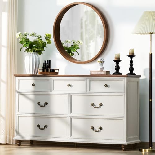 Joaxswe Farmhouse 54" 7 Drawers Dresser for Bedroom, White Wood Chest of Drawers w/ 4 Wooden Legs, Vintage Closet Storage Dressers Organizer for Hallway, Rustic Large TV Stand for Living Room, Foyer - color: Elegant White, size: 16"D x 54"W x 32"H (7 Draw