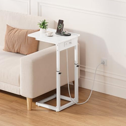 C Shaped End Table with Charging Station, C Table End Table Adjustable Height Sofa Table, Side Table for Couch, Couch Table that Slide Under, TV Tray Arm Table for Living Room,Bedroom, White - color: White, style: Charging Station