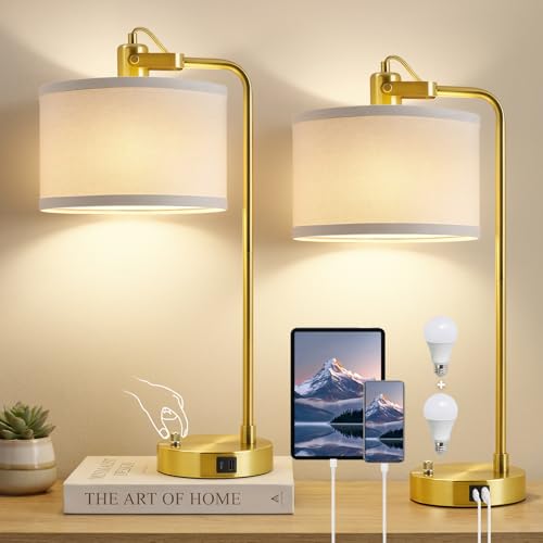 Gold Table Lamp Set of 2, USB A+C, 180° Adjustable Bedside Lamps, Dimmable | Bare Bulb Compatible, Industrial Nightstand Lamp with Linen Lampshade, LED Bulbs Included, Desk Lamp for Bedroom, Living Room - color: Gold-A