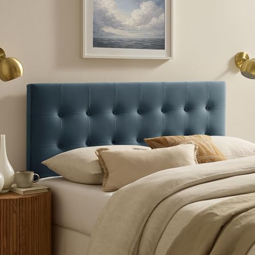 Modway Emily Full Size Performance Velvet Headboard in Cadet Blue - Stain-Resistant Velvet Upholstery with Button Tufting and 7 Adjustable Height Positions - color: Cadet Blue, size: Full