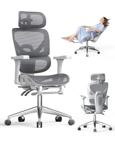 naspaluro Ergonomic Office Chair Lumbar Support High Back 350lbs Capacity | Adjustable Height Breathable Mesh Swivel Desk Chair with 3D Armrest Headrest, Footrest, PU Wheels, Comfy Computer Chair Grey - color: Grey
