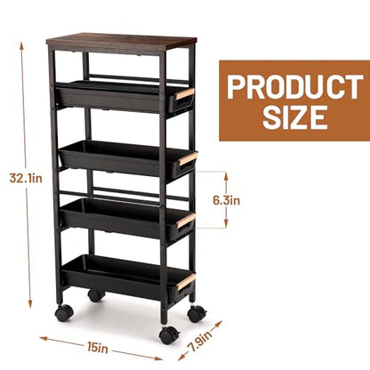 Slim Storage Cart, 5-Tier Narrow Rolling Kitchen Laundry Room Cart with Drawer and Wheels, Metal Utility Cart Slide Out Organizer for Small Spaces (Black) - style: 5 Tiers-Black
