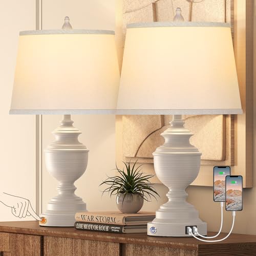 Table Lamps Set of 2, Modern Farmhouse Nightstand Lamp with USB Ports, 3-Way Dimmable Touch Control Washed White Bedside Lamps with Off-White Linen Shade for Bedroom Living Room, Bulbs Included | Smart touch, Easy Assembly, Energy-saving LED bulbs, Vintag
