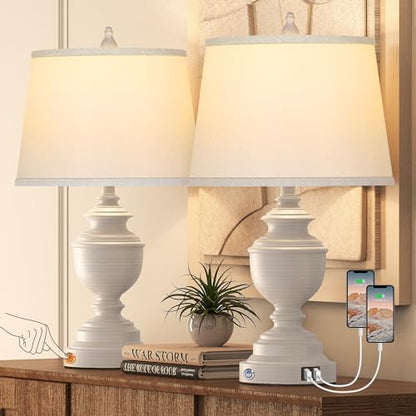 Table Lamps Set of 2, Modern Farmhouse Nightstand Lamp with USB Ports, 3-Way Dimmable Touch Control Washed White Bedside Lamps with Off-White Linen Shade for Bedroom Living Room, Bulbs Included | Smart touch, Easy Assembly, Energy-saving LED bulbs, Vintag
