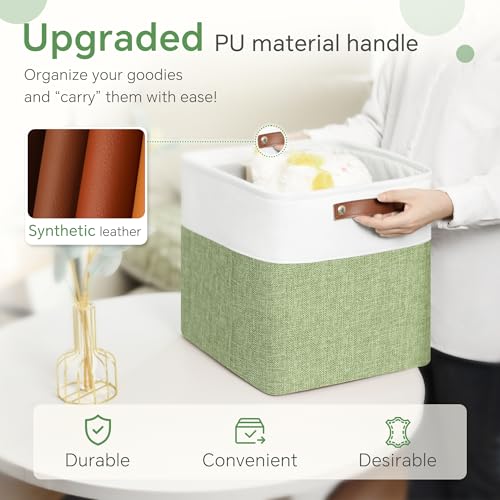 FinishingBo 11x11 Cube Storage Bins 6 Pack, Fabric Basket with Handles | Foldable Storage Cubes, PU Leather Handles,Closet Storage, White Green - color: White/ Green