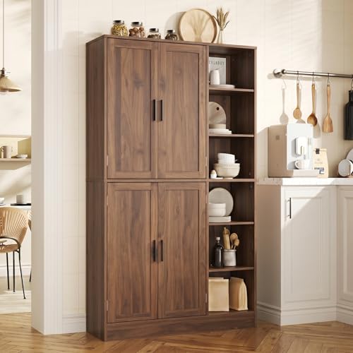 holzart 63" Tall Kitchen Pantry Cabinet, Freestanding Dining Room Storage Hutch with 4 Doors and Adjustable Shelves, Modern Utility Cupboard for Coffee Bar and Microwave, Brown - color: Brown