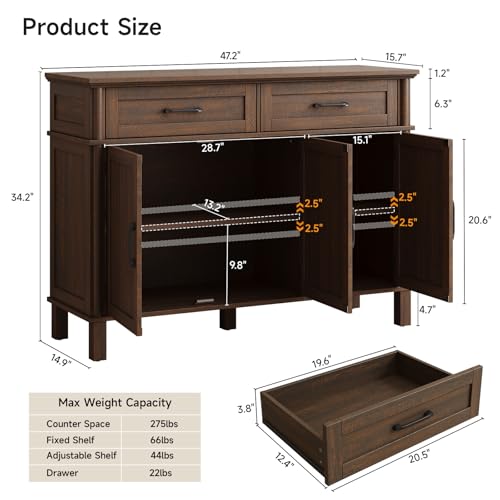 48 Inch Buffet Cabinet with Storage, Farmhouse Sideboard Buffet w/2 Drawers and 3 Doors, Wood Coffee Bar Cabinet with Adjustable Shelves, Sideboard Storage for Kitchen, Living Room, Brown - color: Brown, size: 48 Inch