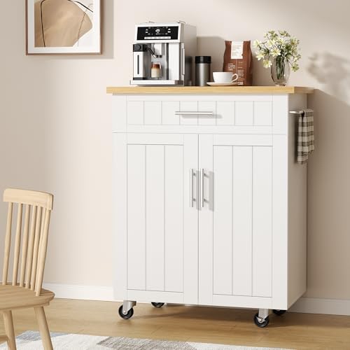 Shintenchi Kitchen Island cart with Storage, Portable Bar Cabinet on Wheels, Rolling Microwave Cart Side Table with Workstation for Kitchen, Dinning Room, White - color: White-26 Inch