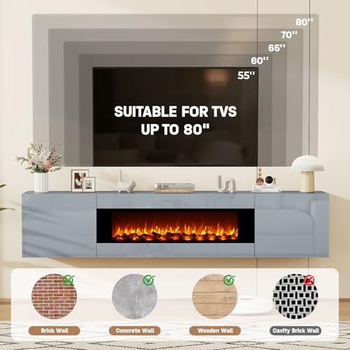 70" Wall Mounted Floating TV Stand with 36" Electric Fireplace, High Gloss Floating Entertainment Center TV Shelf for TVs Up to 80", Grey Fireplace Media Console Table Floating TV Cabinet Living Room - color: Grey, size: 70"-with fireplace