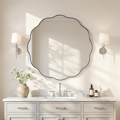 Chrome Round Wall Mirror 32 inch, Polished Metal Frame Circle Bathroom Mirror in SUS304 Stainless Steel Frame, with Unique Modern Circular Wavy Design - color: Chrome, size: 32"L x 32"W