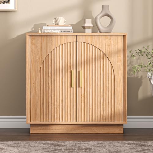 Buffet Cabinet with Storage, 31.5"W Fluted Sideboard Buffet Cabinet with Adjustable Shelves, Single-Box Modern Wood Credenza Accent Storage Cabinet for Dining Room Living Room Hallway, Nature Oak - color: Nature Oak, size: 31.5'' WIDE
