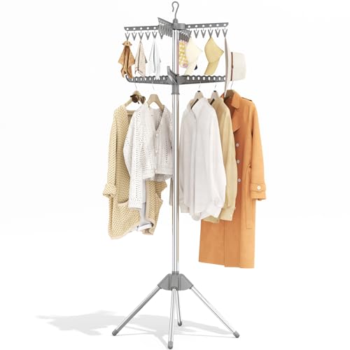 KINGBOARD 2-Tier Clothes Drying Rack, 72" H Drying Rack, 7 Rotatable Arms | 360° Rotatable Arms, 27 Hanger Holes, 24 Clips, Stainless Steel, Tool-Free Setup, Portable for Travel & Home, 30lbs Hold - size: 2 Tier