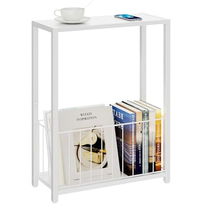 Homleke Narrow Side Table with Magazine Holder, Skinny End Table | Space-Saving Design, Small Spaces, Storage Shelf, Metal Frame, Easy Assembly, 7.1" D x 16.9" W x 23.6" H, White - color: White - Standard