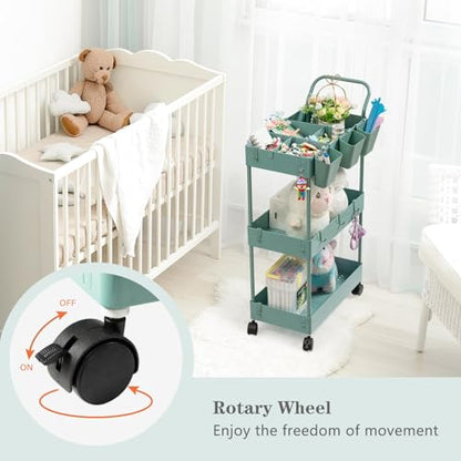 Storage Cart on Wheels, 3 Tier Bathroom Cart Organizer Slim Laundry Narrow Shelf with Wheels Dividers Hanging Cups Hooks Handle Easy Assembly, Green - style: 3 Tier Green