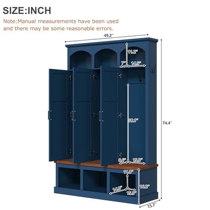 Merax Classic Arched Hall Tree with 3 Hidden Storage, Farmhouse Mudroom Bench with 5 Hooks, Mid-Century Entryway Organizer for Shoes, Blue