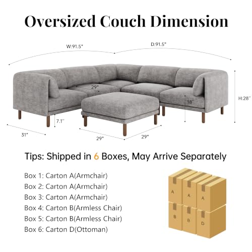 Cloud Sectional Couches for Living Room,Modular Sectional Sofa,Grey | V-Shaped Extra Deep 6 Seater,Mid Century Modern Oversized Sectional Couches With Ottoman,Solid Wood Leg - color: Grey, size: Corner V-Shape 6 Seat