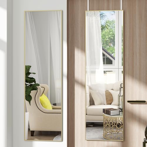 48"x 14" Over the Door Mirror Full Length, Full Body Mirror, Gold | Aluminum Thin Frame Full Length Mirror, Lean/Hang/Wall-Mount Horizontal or Vertical, for Bedroom, Living Room, Cloakroom - color: Gold-rect, size: 48"L x 14"W