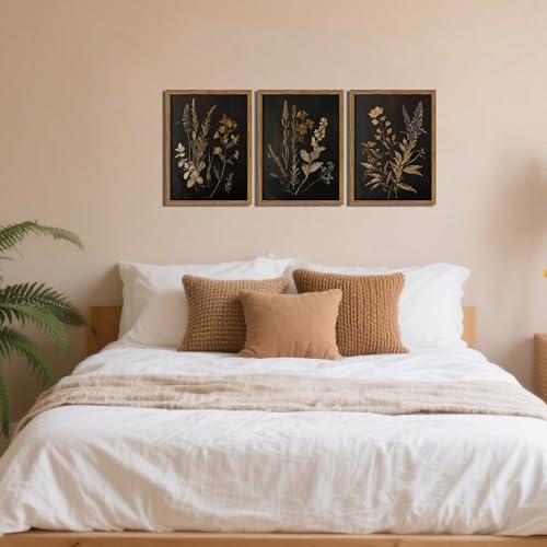 Framed Dark Botanical Wall Art Set of 3, Black Moody Floral Wall Decor Paintings, Dark Academia Decor, Vintage Flower Artwork Prints Pictures for Living Room Bedroom Bathroom 12x16 Inch - color: Dark Flowers, size: 16L" x 12W"