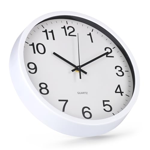 Wall Clock Non-Ticking Silent Quartz Movement Decor Clock Modern Simple Style Round Plastic Wall Clocks for Home/Office/School/Living Room/Bedroom/Kitchen (White, 12 Inch) - color: White