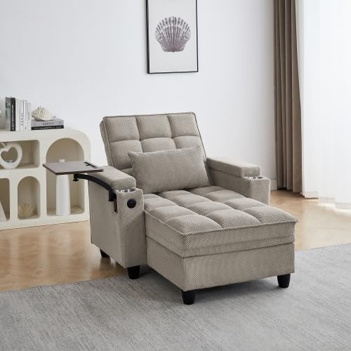 Convertible Sleeper Chair, Pull Out Sofa Bed with Adjustable Backrest & Hidden Storage Armrest, Single Sofa Recliner with USB Charging Port & Cup Holders for Living Room, Bedroom, Khaki - color: C-khaki-i3