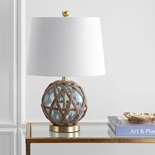 JONATHAN Y Andrews Table Lamp 21.5" Nautical Glass and Rope, Brown/Aqua | Coastal Transitional Bedside Light, White Linen Drum Shade, Brass Gold Metal Base, Rotary Switch, LED Bulb Included