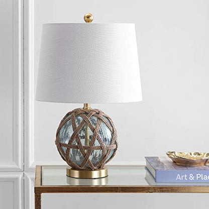 JONATHAN Y Andrews Table Lamp 21.5" Nautical Glass and Rope, Brown/Aqua | Coastal Transitional Bedside Light, White Linen Drum Shade, Brass Gold Metal Base, Rotary Switch, LED Bulb Included