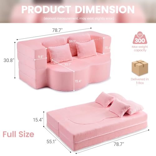 78” Convertible Sofa Bed, Full Size Sleeper Couch, Pink | Boneless Folding Loveseat, Deep Seat, Soft Chenille, 4 Pillows, No Assembly, for Guest Living Room Bedroom - color: Pink, size: 78"