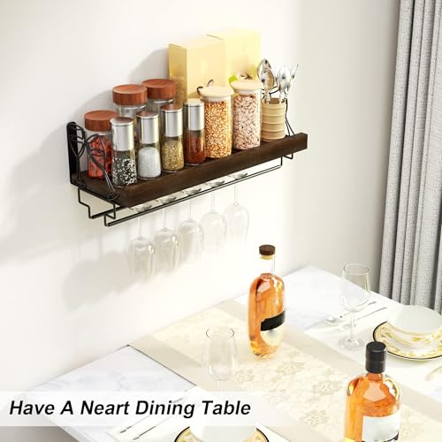 Love-KANKEI Wine Rack with Stemware Hanger,Solid Wood,17inch,Dark Brown | Wine Glass Rack,Floating Wall Shelf,Easy to Install,40 Lbs/shelf,For Kitchen,Dinning Room,Home Bar,Living Room,Elegant Design - color: Dark Brown