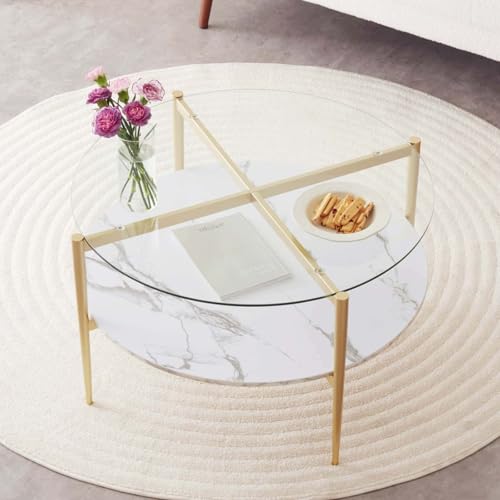 LumFurn Round Coffee Table for Living Room, Mid-Century Modern Design, D30 x H17, 2-Tier Structure, Clear Glass Top and White Marble Finish Wood Shelf, Sleek Conical Metal Legs with Gold Finish Frame - color: D30" Clear & White Marble