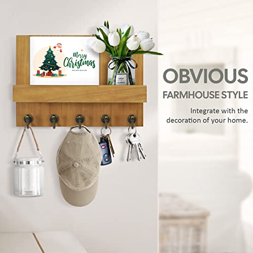 HONJIN Farmhouse Wall Key Holder for Wall : Holiday Card Slot Design Wooden Mail Organizer Wall Mount Dog Leashes Holder Hanger (Light Brown) | Key and Mail Holder Wall Mount, Wooden Entryway Organizer and Decorative, Easy Installation, 10*3.8*6.85 Inch -