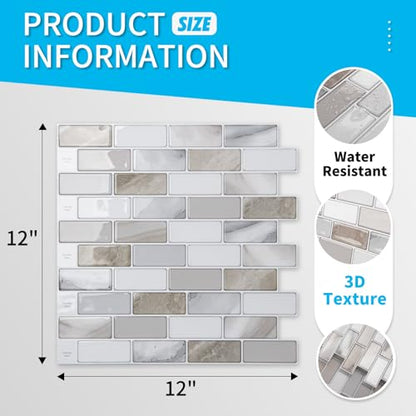 Art3d 10-Pack Marble Peel and Stick Backsplash, 12 x 12 in, Beige & White | Strong Adhesion, Lightweight, Cuttable, Waterproof, Fadeless, Crack Resistant, for Kitchen, Bedroom, Ideal for Recently Moved - color: Beige & White