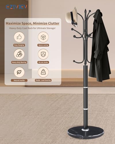 Modern Coat Rack Stand, Metal Freestanding Coat Rack with Natural Marble Base, Heavy-Duty Coat Racks with 12 Hooks,Black Coat Hanger Tree Stand for Office, Entryway, Hallway - color: Black