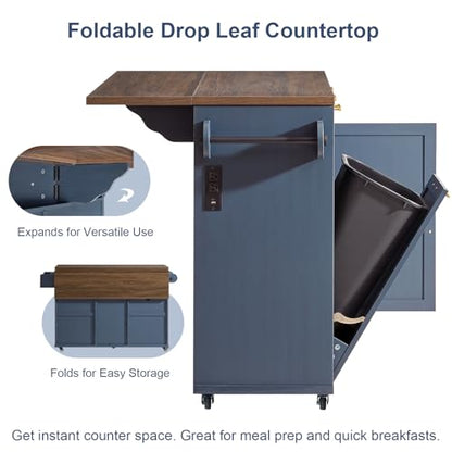 Okvnbjk 57" Rolling Kitchen Island with Storage & Drop Leaf, Navy Blue | Mobile Island with Trash Can Storage Cabinet, Large Island Cart on Wheels with Power Outlet, Spice & Towel Rack - color: Navy Blue