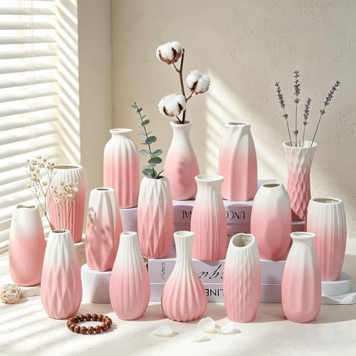 BEAHOT Ceramic Bud Vases Set of 16 – Gradient Pink and White Mini Vases for Centerpieces and Table Decor – Ideal White Bud Jars for Weddings, Boho Home Style, and Gift Ideas - size: 16pack Unglazed Pink
